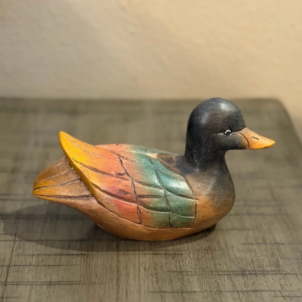 Vintage Hand Carved Colorful Wooden Duck Figurine